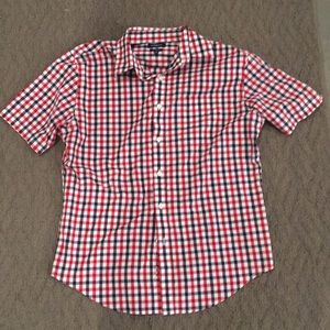 Red and navy blue plaid button down t-shirt